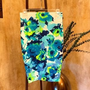 RED Saks Fifth Avenue Skirt.  Aqua/Royal Blue/Yellow Watercolor Motif.  Size S.